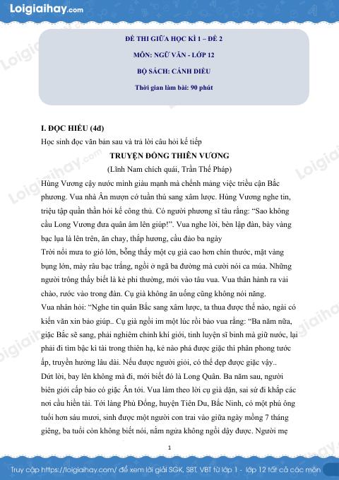 Đề thi giữa kì 1 Văn 12 Cánh diều - Đề số 2